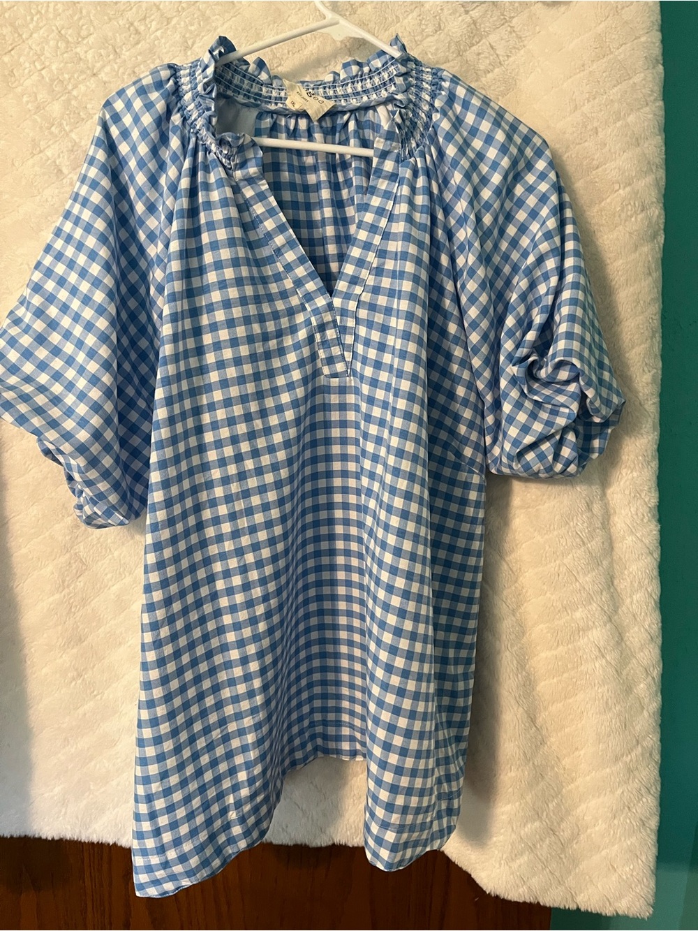 Umgee Blue and White Gingham Puff-Sleeve Tunic